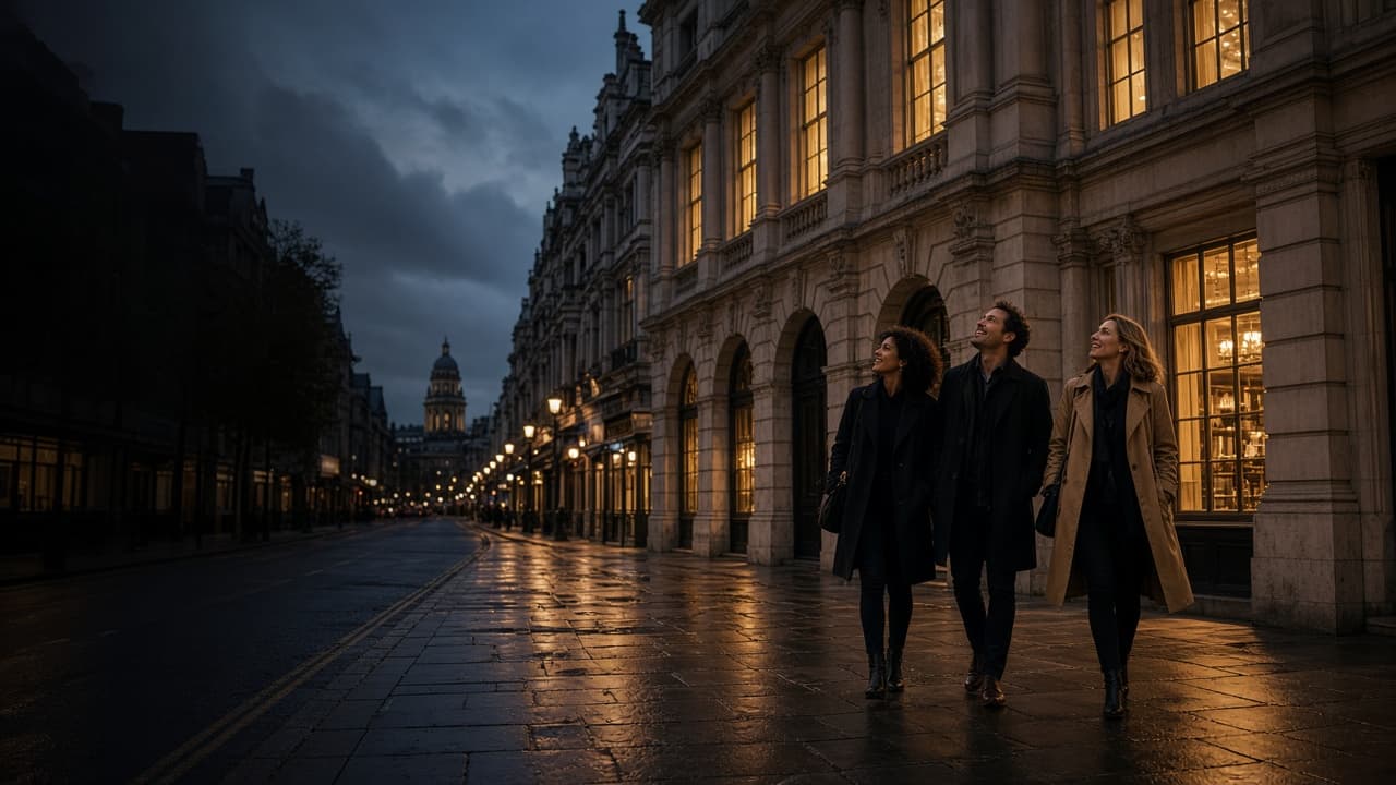 A small group walking a London street at dusk, looking up at the buildings