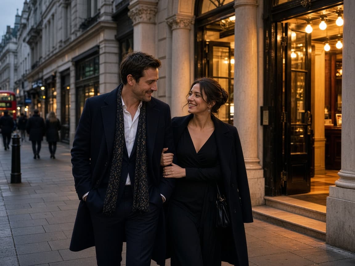 A couple walking a Covent Garden street in the evening