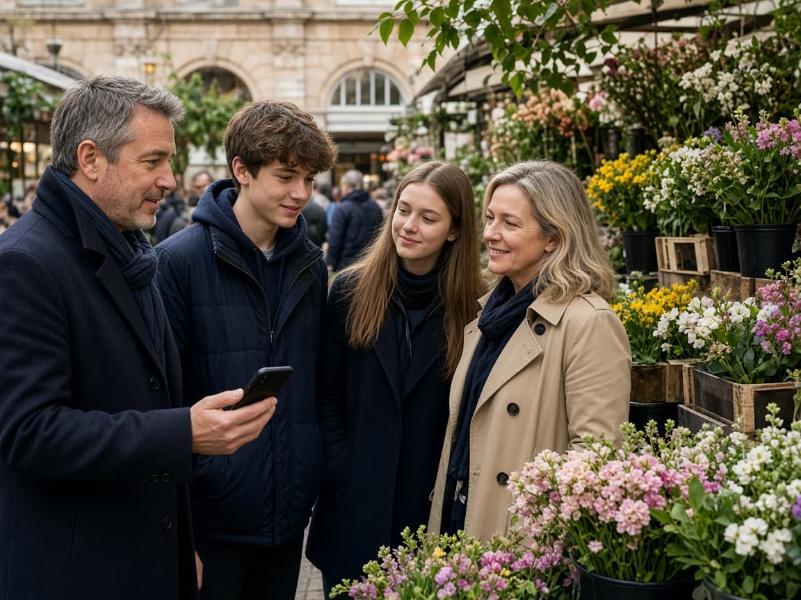 A family paused at a Covent Garden market stall